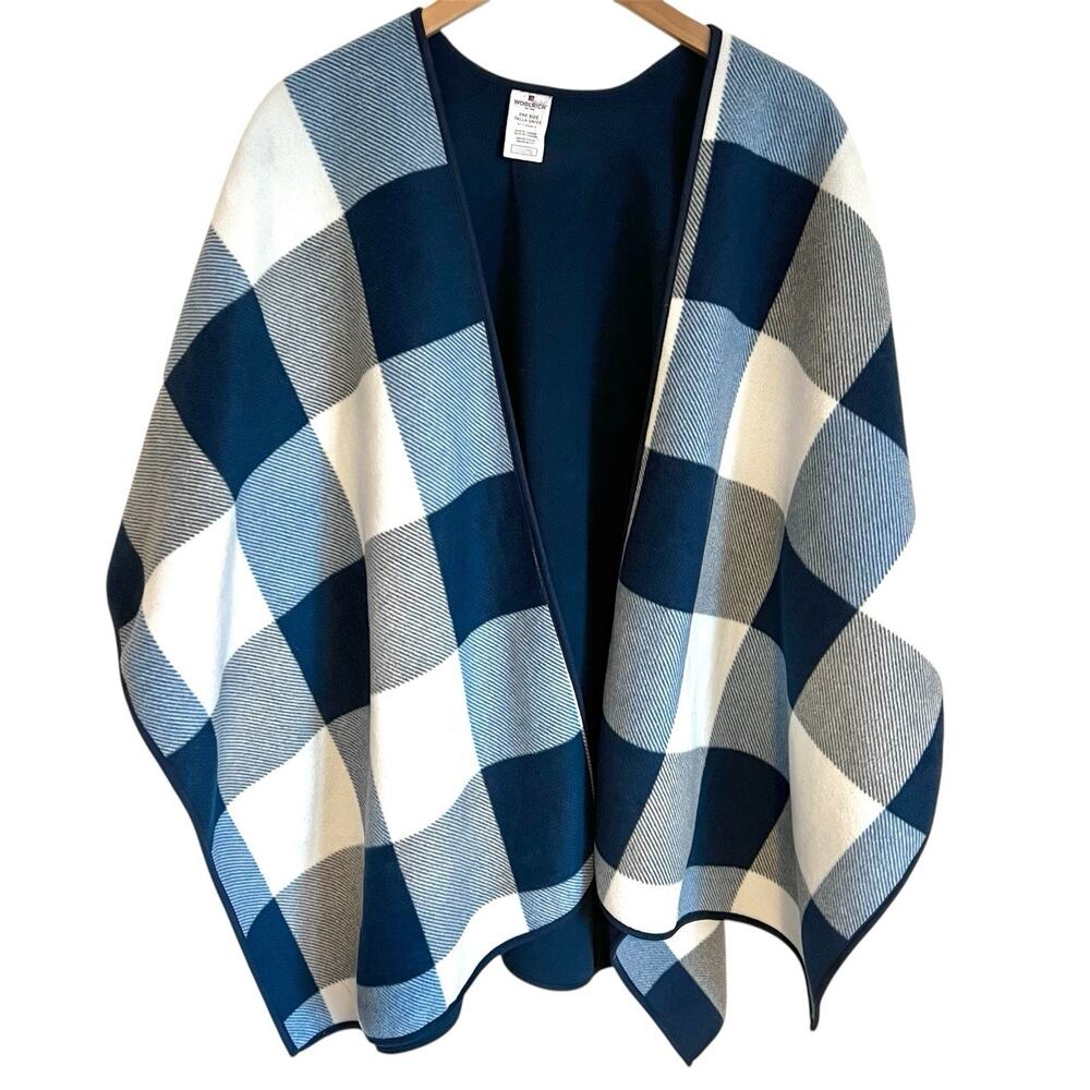 Woolrich Reversible Fleece Plaid Poncho Stadium Blanket Wrap Blue White One Size